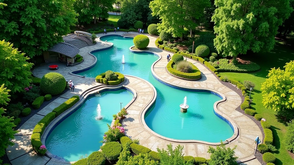 Overhead view of serene thermal spring garden with multiple mineral water pools and natural vegetation pathways