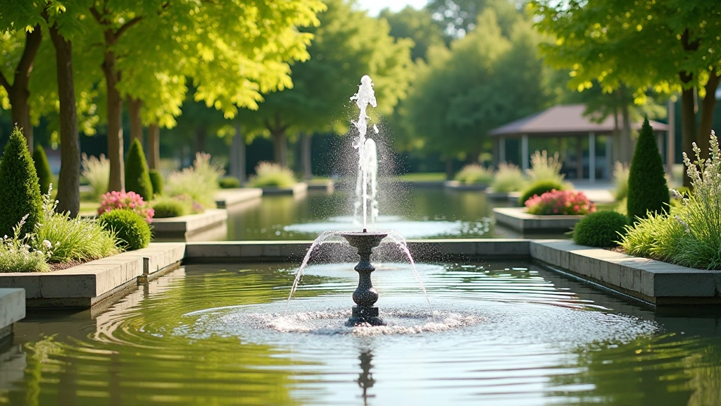 Peaceful mineral well garden with stone seating areas, mineral water fountain, and landscaped relaxation zones