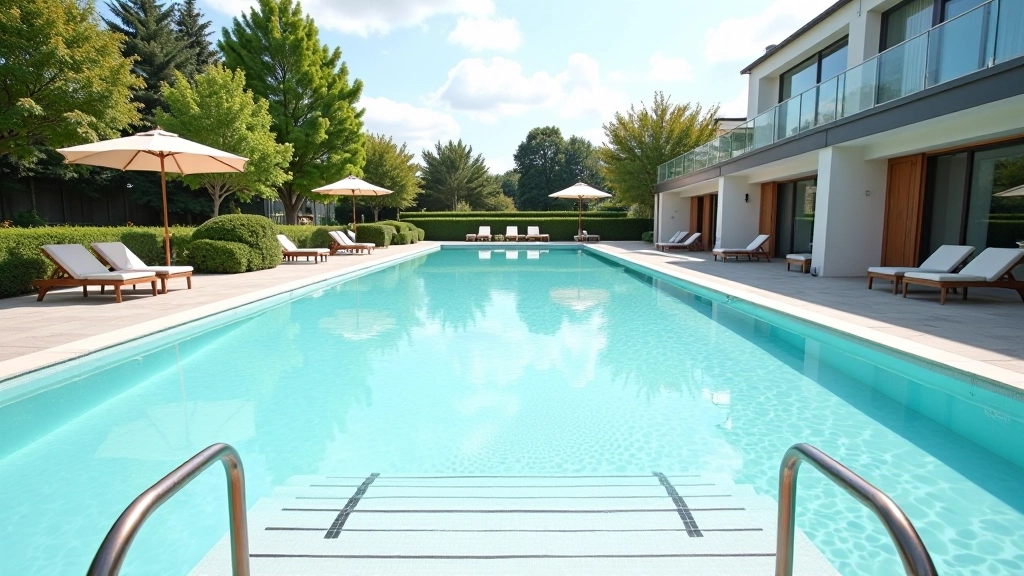 Outdoor thermal spring pool facility with accessible ramps and handrails designed for senior safety and comfort