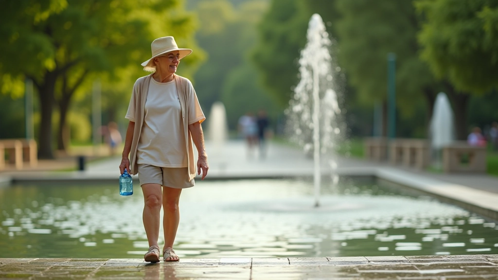 Thermal park visitor wearing comfortable walking clothes with water bottle and sun protection near mineral spring fountain