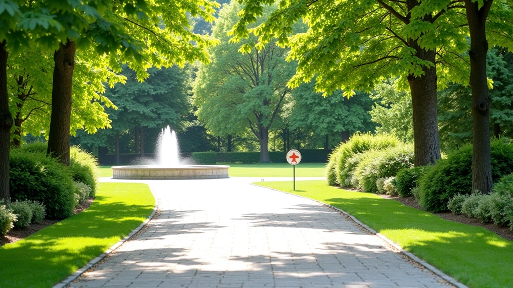 Close-up view of well-marked walking path with clear directional signs and comfortable paved surface through park gardens
