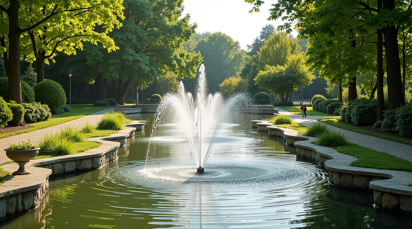 Serene thermal spring park with mineral water fountain surrounded by lush landscaping and comfortable seating areas