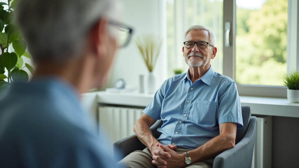 Senior man consulting with healthcare provider about thermal water safety during medical appointment