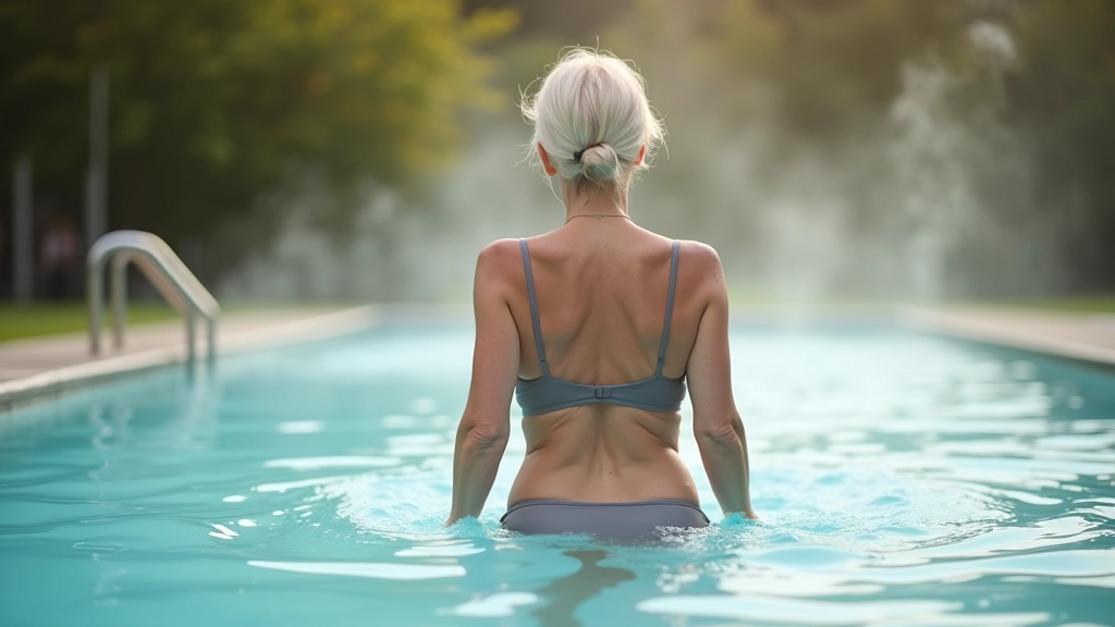 Senior woman slowly entering thermal spring pool water, holding safety rail, gradual entry technique