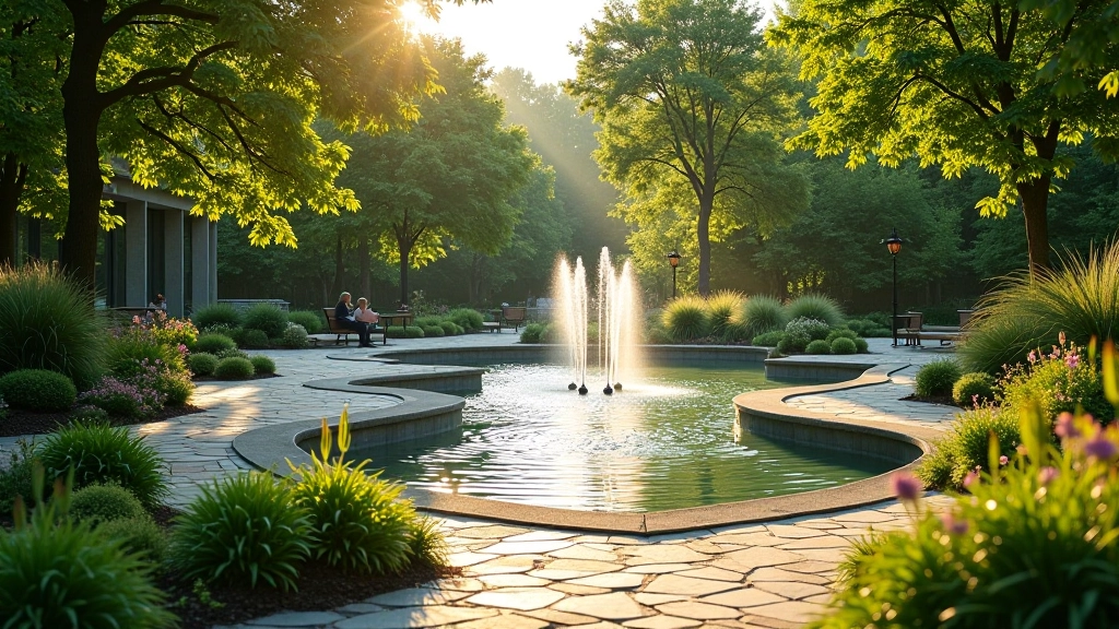 Peaceful thermal spring garden with walking paths