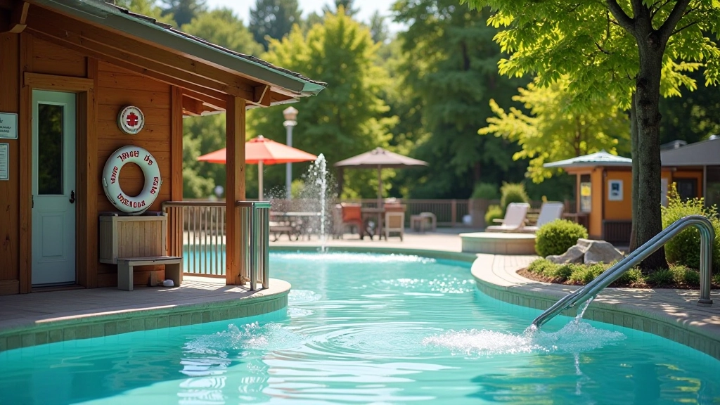 Thermal spring facility safety equipment including first aid station and emergency flotation devices