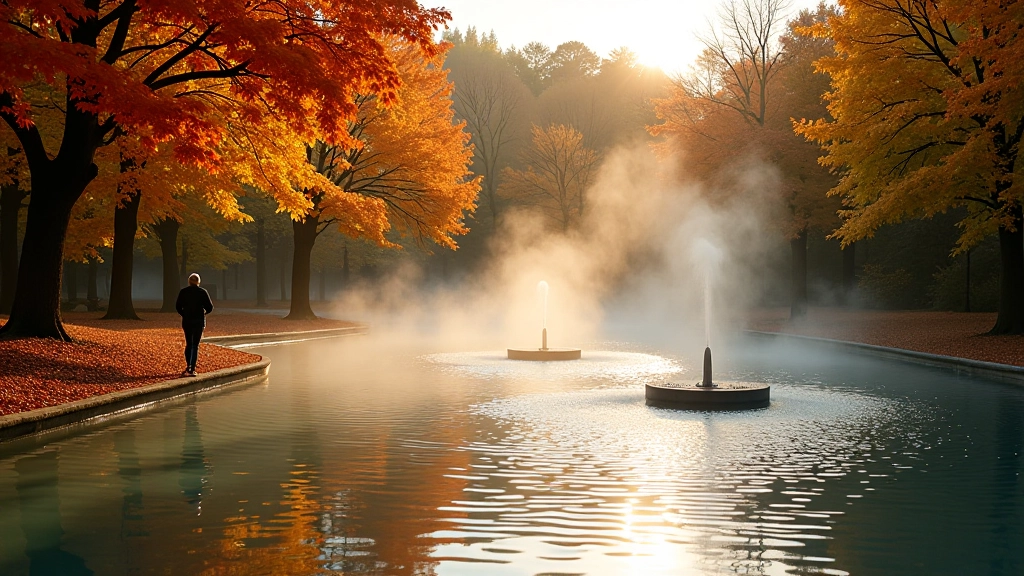 Seasonal comparison of Birštonas park showing autumn foliage with thermal pools and comfortable water temperature conditions