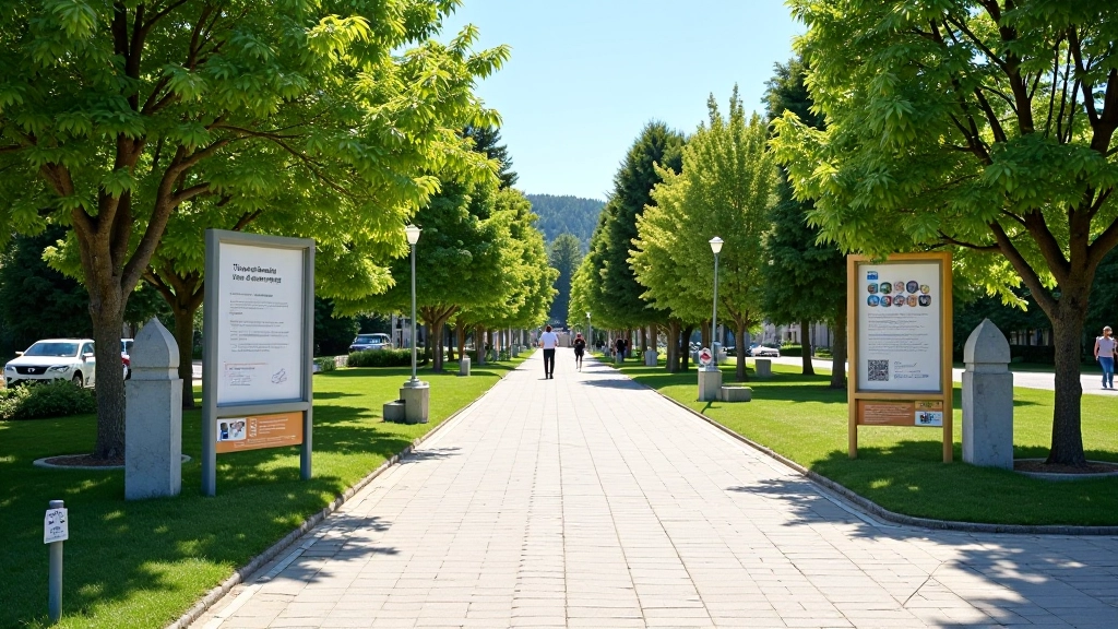 Modern thermal spring facility entrance with clear signage, visitor information board, and accessible pathway during daytime hours