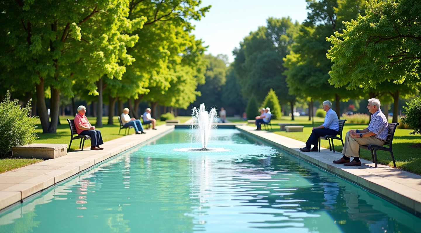 Serene thermal spring park with mineral water fountain and garden pathways for senior relaxation
