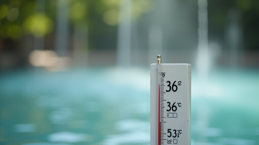 Close-up of thermal pool water temperature display thermometer showing 36 degrees Celsius