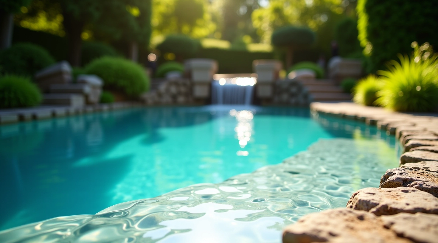 Peaceful thermal spring water pool surrounded by lush green garden landscaping and stone pathways