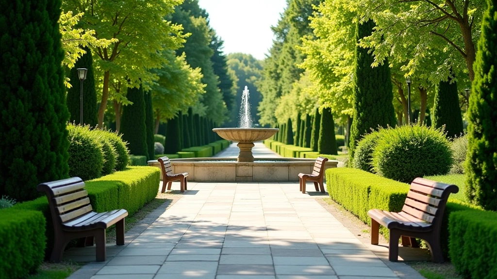 Scenic walking path through thermal park gardens with fountain structures and comfortable seating areas visible