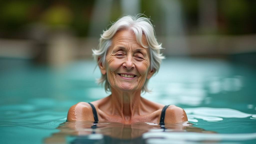 Senior woman relaxing in warm thermal spring water with peaceful expression in garden setting at spa